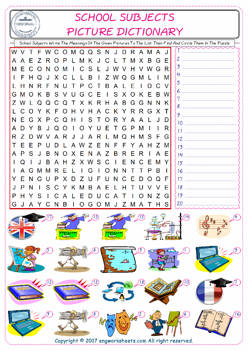  For kids, check the picture of School Subjects find, and write the word and find it in the word puzzle ESL printable worksheet. 